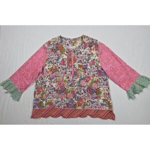 Somewhat Funky Boho Floral Patchwork‎ Top Small Mixed Print Ruffle Hem Artsy